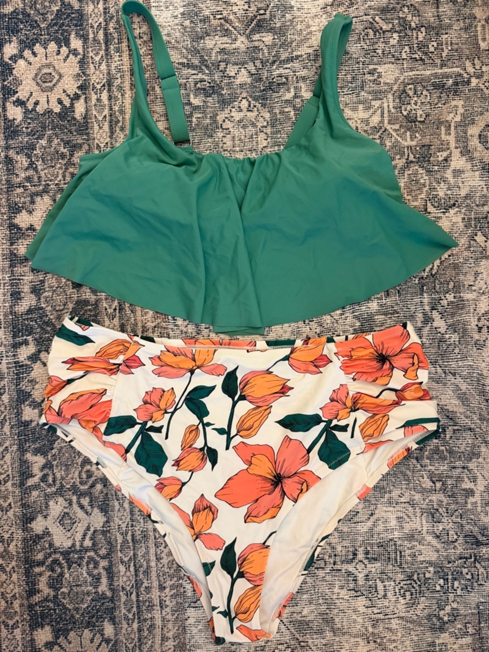 Green Flounce Bikini Top with Floral High-Waist Bottoms
